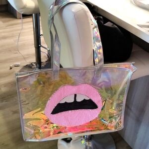 Pink sequin lips beach bag tote